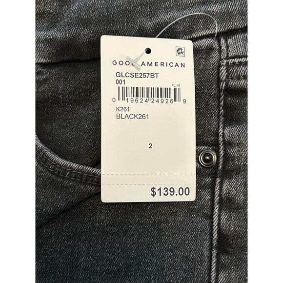 Good American Good Legs Crop Jean Womens 2/26 Black Button Fly Skinny Ankle Slit - Picture 6 of 8